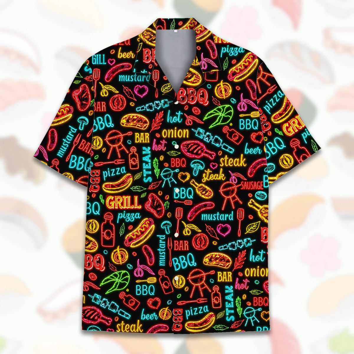 Black hawaiian shirt with bright cookout pattern, front close up