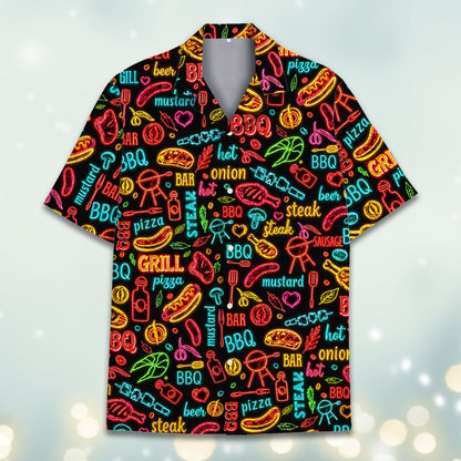 Neon style BBQ hawaiian shirt, flat front view