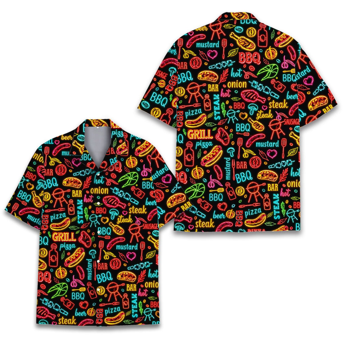 Black bbq hawaiian shirt with neon grill print, main view