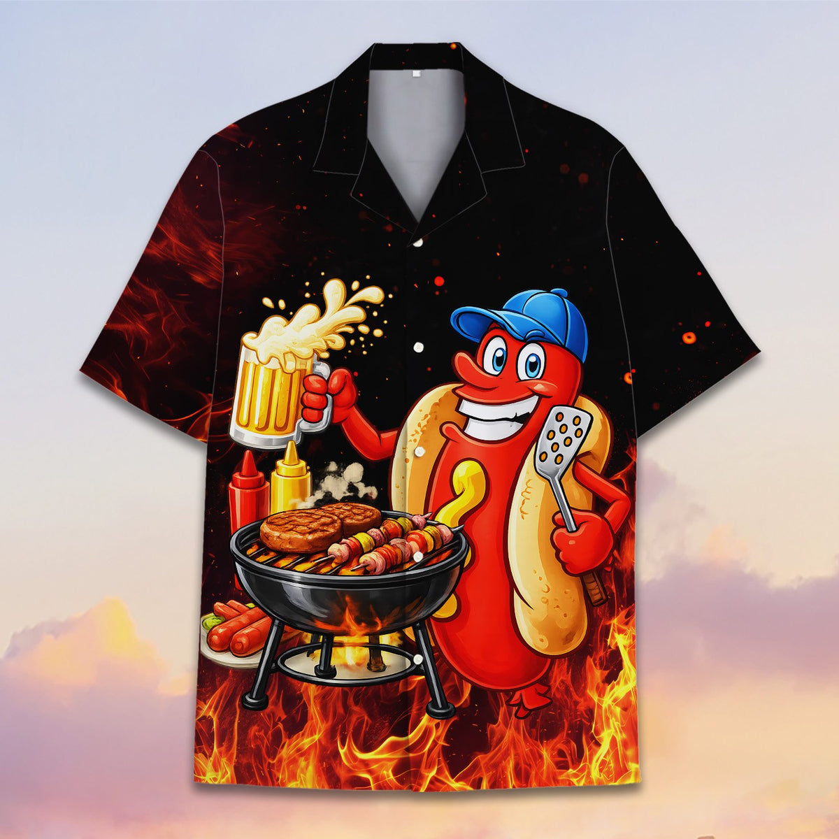 Close up of the hot dog character on the BBQ hawaiian shirt.