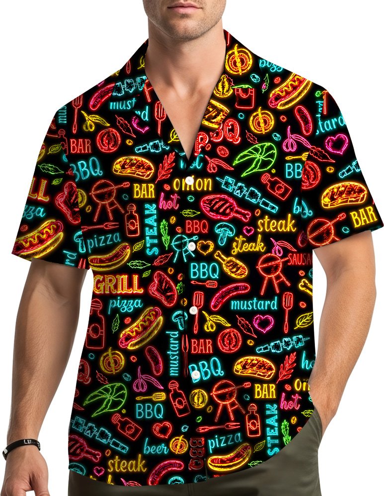 Person wearing black bbq hawaiian shirt at a summer cookout