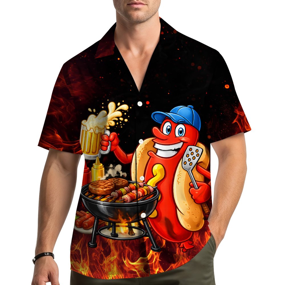 Lifestyle shot of people wearing the matching family hawaiian shirts at a cookout.