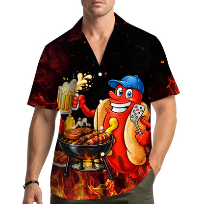 Lifestyle shot of people wearing the matching family hawaiian shirts at a cookout.