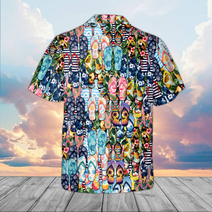 Back view of the multicolor beach hawaiian shirt featuring summer flip-flops