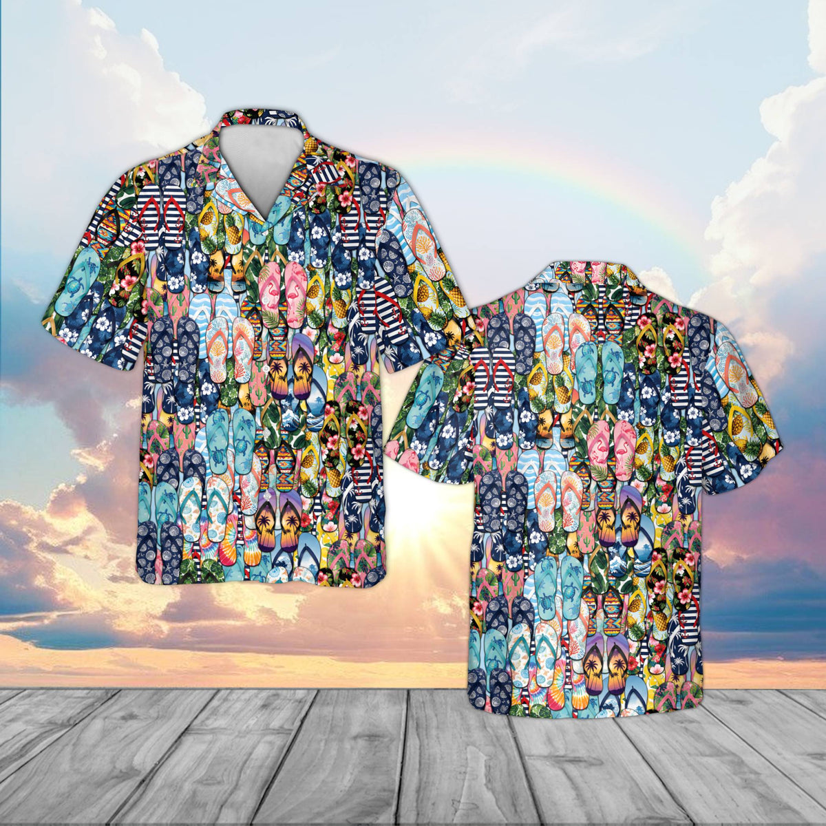 Front view of the multicolor beach hawaiian shirt with vibrant flip-flops design