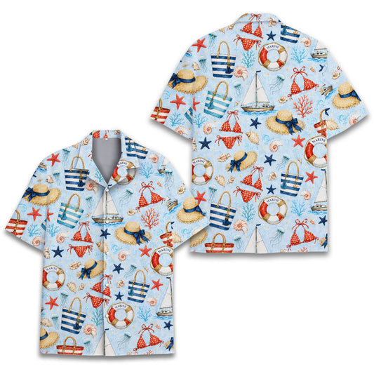 Light blue beach hawaiian shirt with nautical elements pattern front view