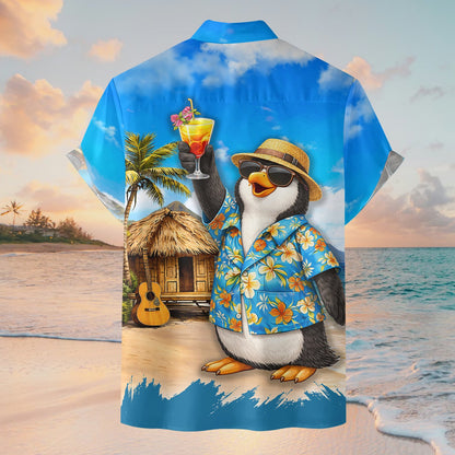 Back view of the tropical penguin beach scene hawaiian shirt