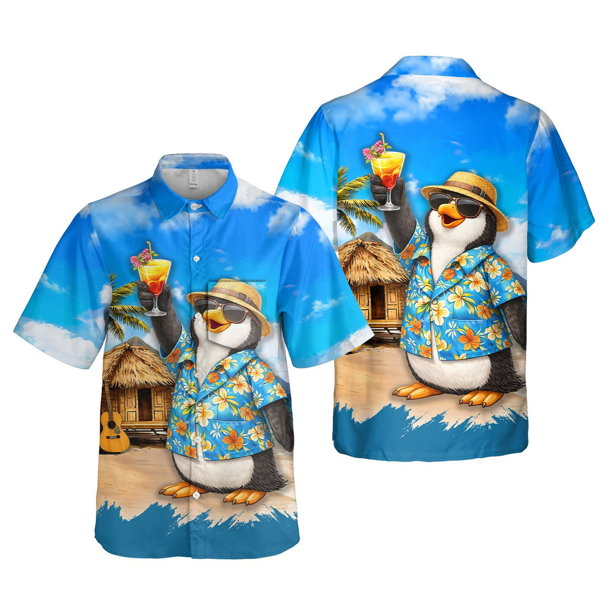 Close up front view of the tropical penguin hawaiian shirt