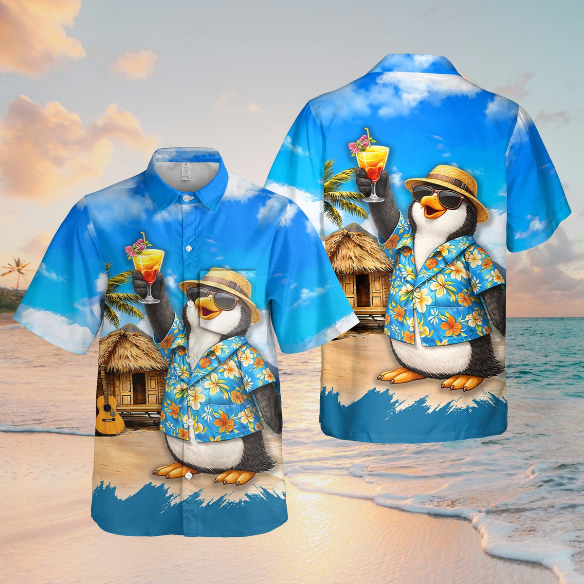 Main view of the beach/tropical hawaiian shirt featuring a penguin with a cocktail