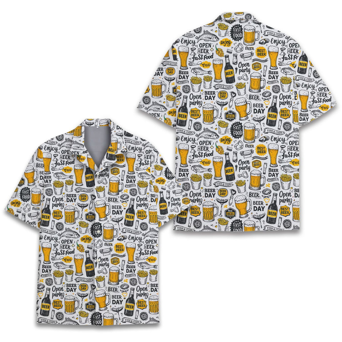 Close-up front view of the beer and fast food hawaiian shirt fabric