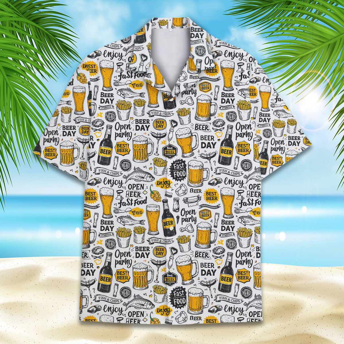 Front view of the white beer hawaiian shirt with fast food illustrations