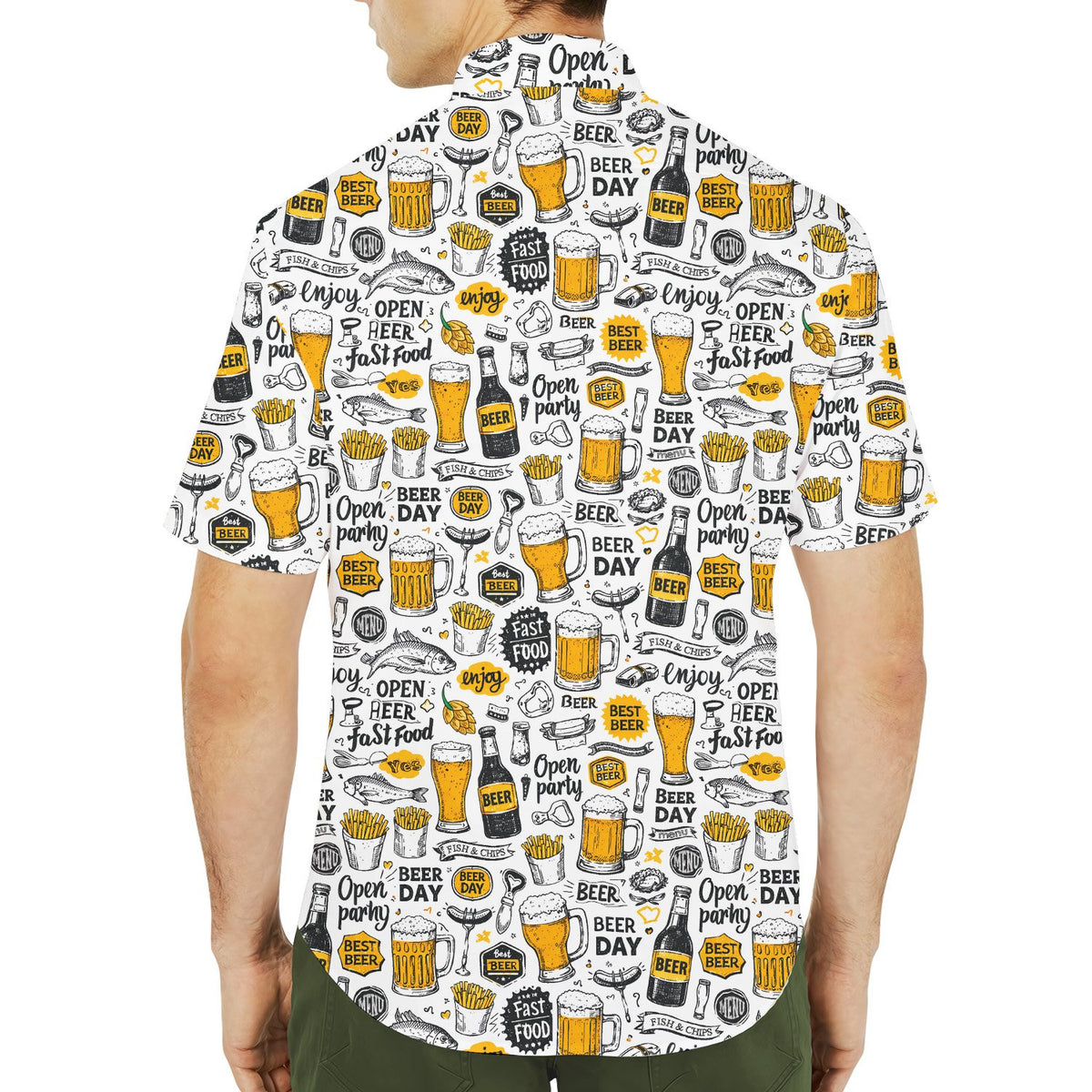 Another lifestyle shot showcasing the relaxed fit of the white beer hawaiian shirt