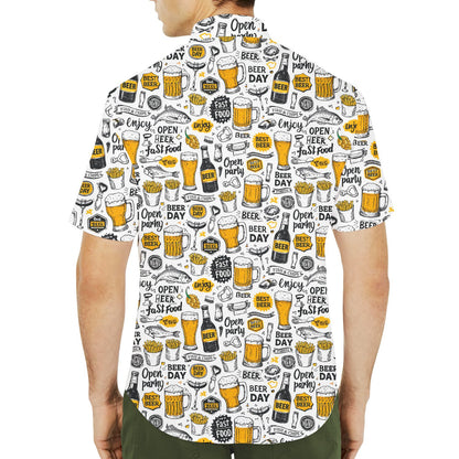 Another lifestyle shot showcasing the relaxed fit of the white beer hawaiian shirt