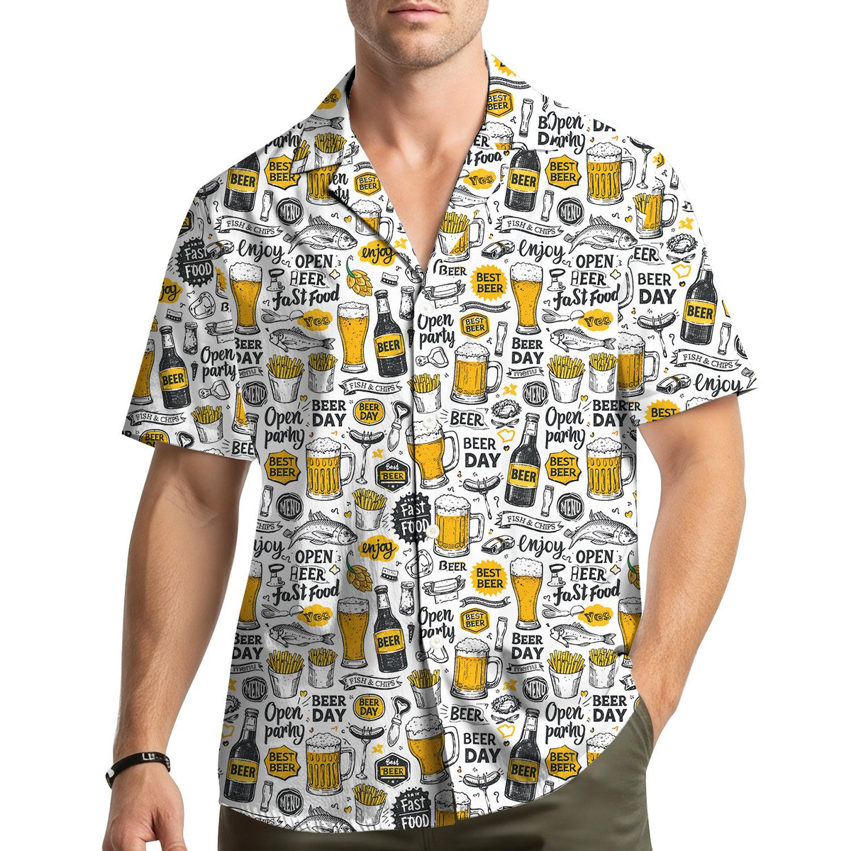 Lifestyle view of an adult wearing the beer and fast food hawaiian shirt