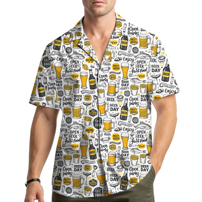 Lifestyle view of an adult wearing the beer and fast food hawaiian shirt