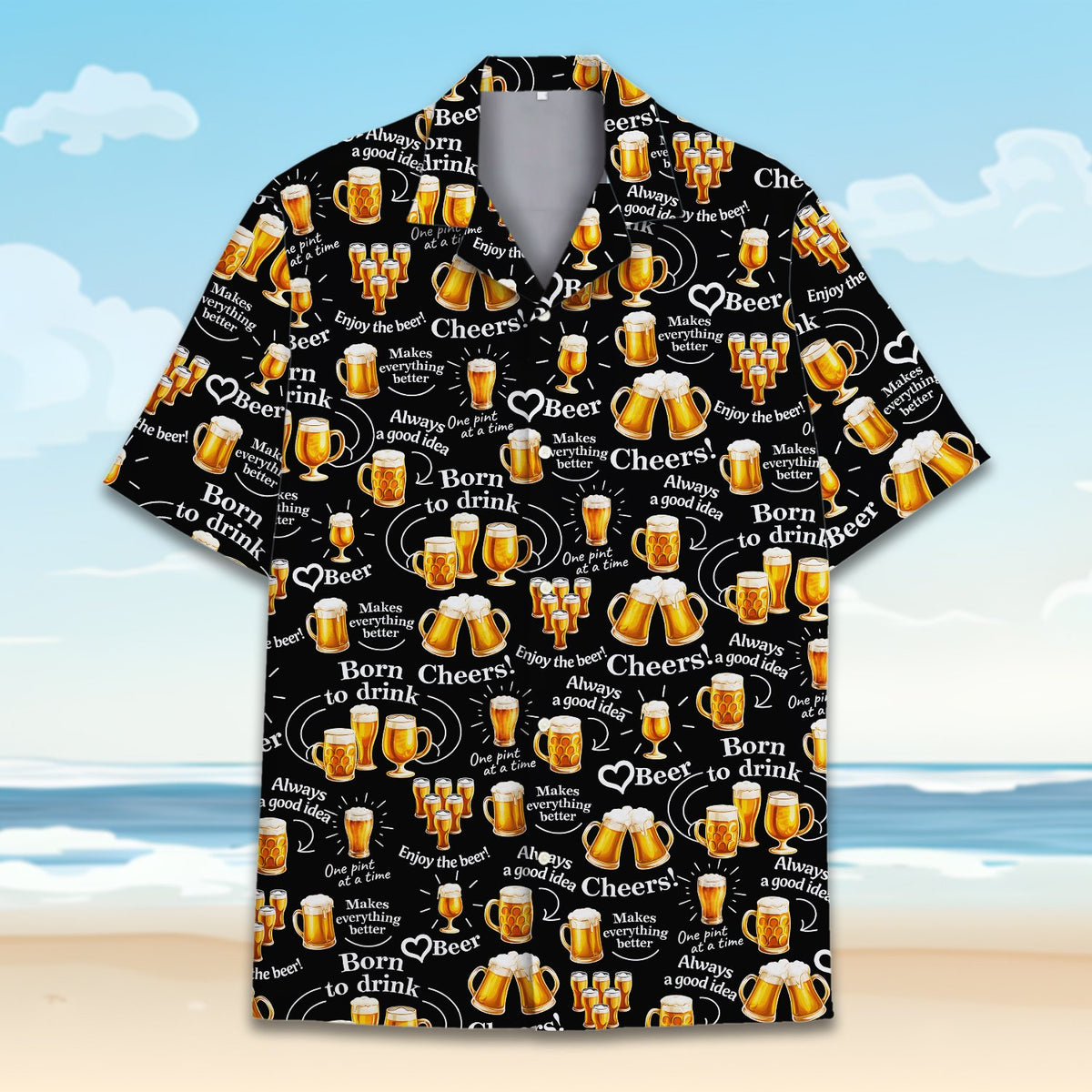 Close up main view of the black beer hawaiian shirt design