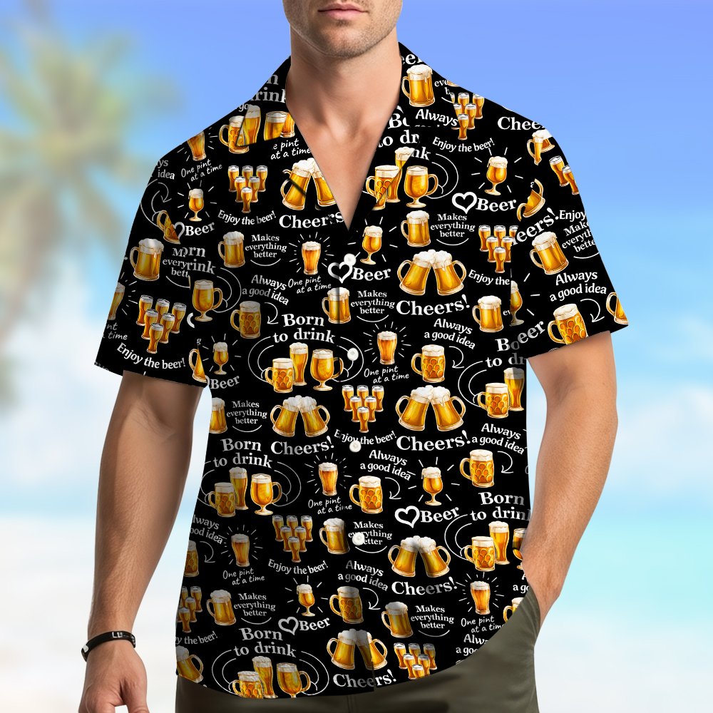 Another lifestyle view of the black beer hawaiian shirt worn by a model