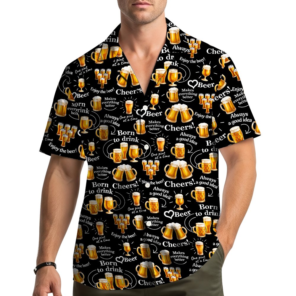 Lifestyle image showing the black beer hawaiian shirt worn by a model