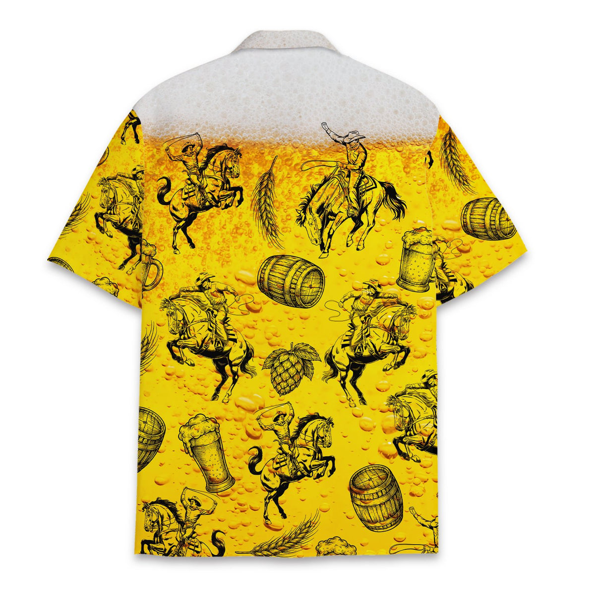 Back view of the yellow beer hawaiian shirt with western rider line-art