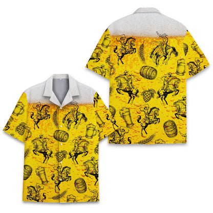 Matching family hawaiian shirts with yellow beer and cowboy design, main view