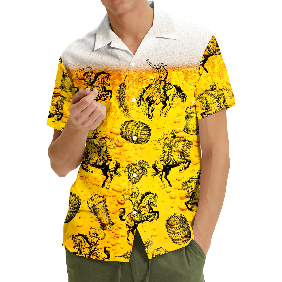 Another lifestyle view featuring the yellow beer hawaiian shirt at a casual gathering