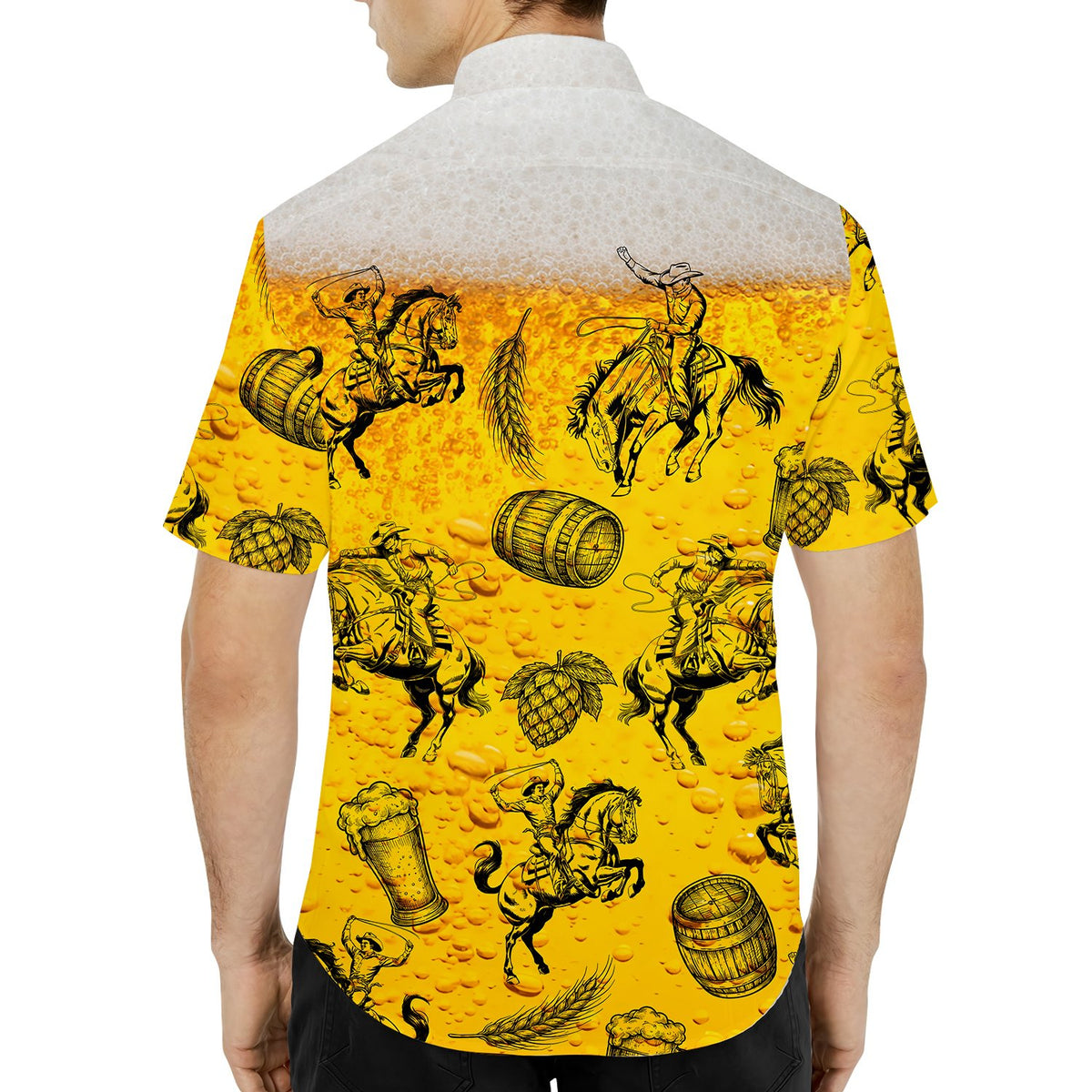 Close-up lifestyle view of the beer & cowboy hawaiian shirt pattern in action