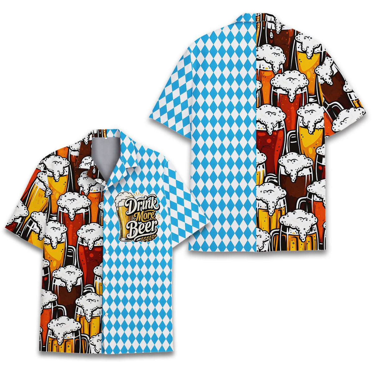 Front view of the blue beer hawaiian shirt with the drink more beer graphic