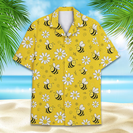 Yellow bees hawaiian shirt featuring an all-over pattern of smiling cartoon bees and daisies, main view