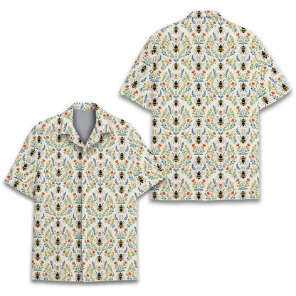 Beige bees hawaiian shirt with floral damask pattern front view