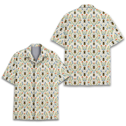 Beige bees hawaiian shirt with floral damask pattern front view