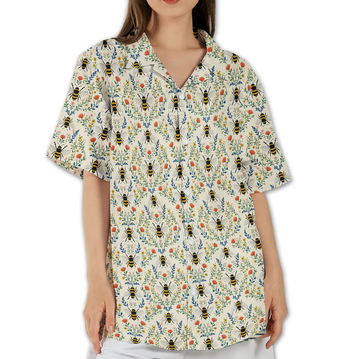 Family wearing matching family hawaiian shirts with bees and flowers lifestyle view 7