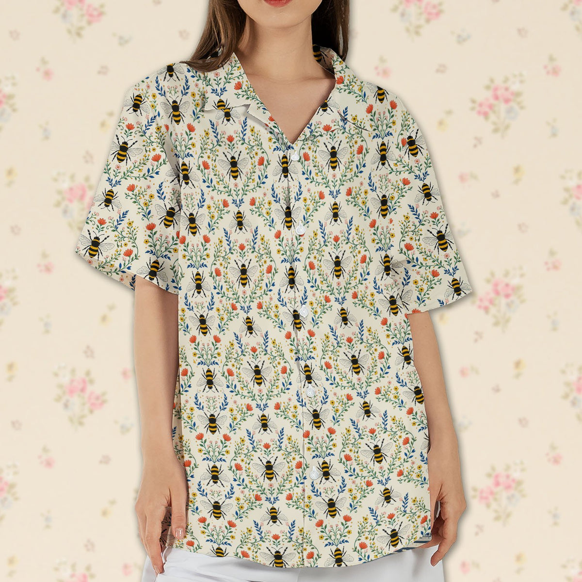 Family wearing matching family hawaiian shirts with bees and flowers lifestyle view 8