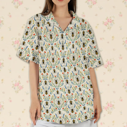 Family wearing matching family hawaiian shirts with bees and flowers lifestyle view 8