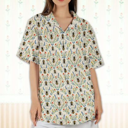 Family wearing matching family hawaiian shirts with bees and flowers lifestyle view 9
