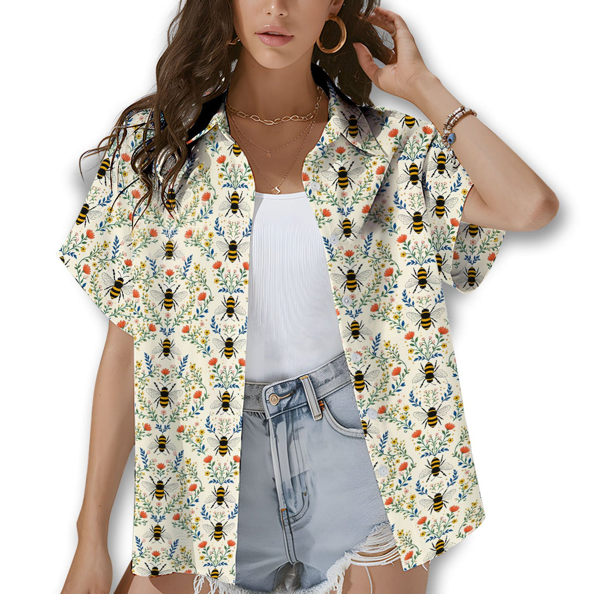 Family wearing matching family hawaiian shirts with bees and flowers lifestyle view 1