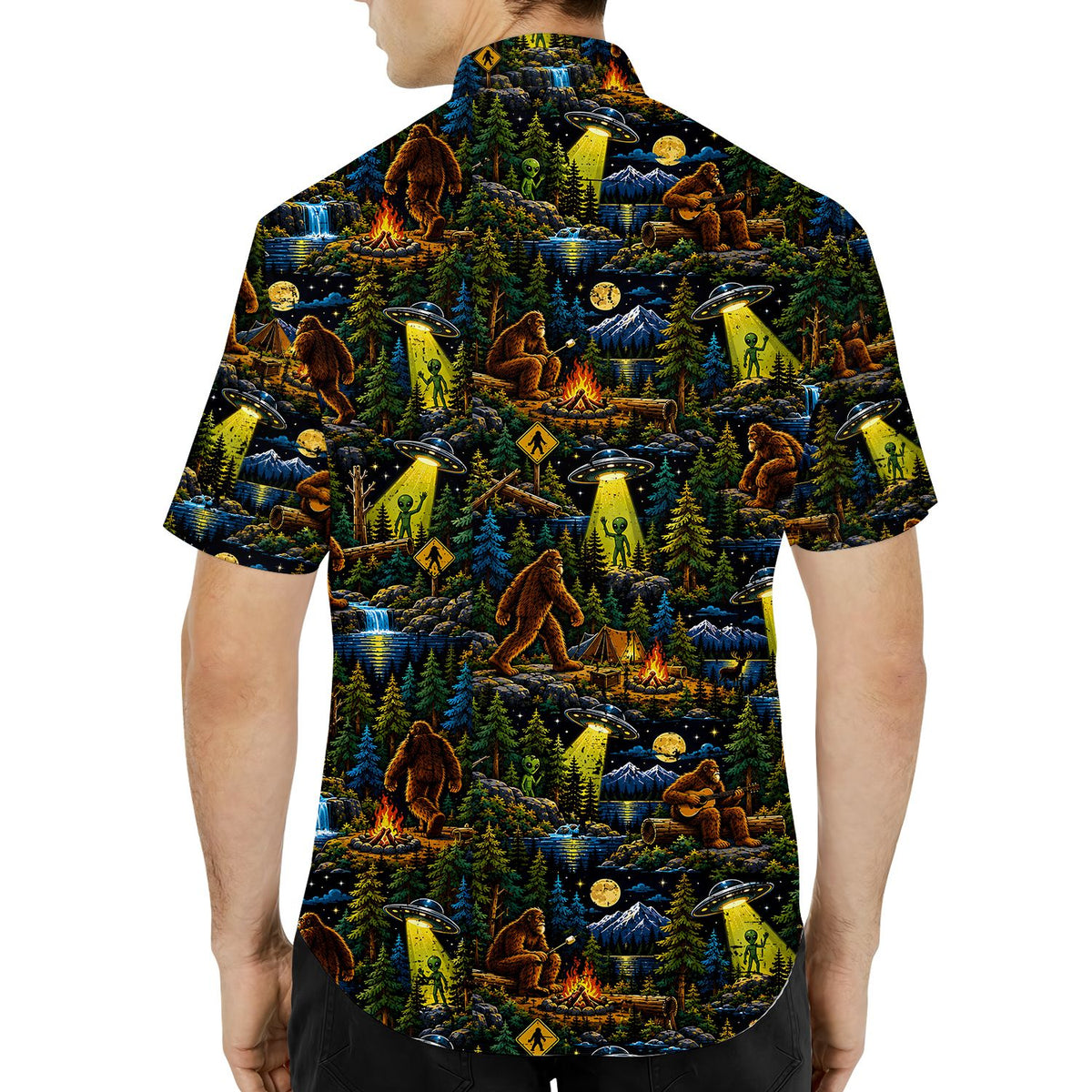 Additional back view of the Bigfoot and Aliens matching family Hawaiian shirt