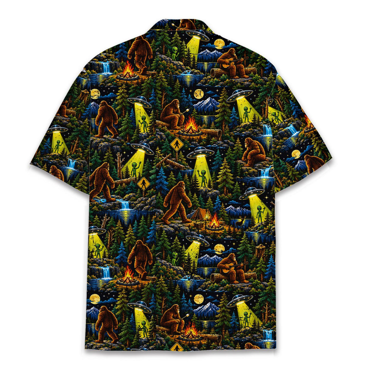 Detail back view of the Bigfoot and Aliens Hawaiian shirt
