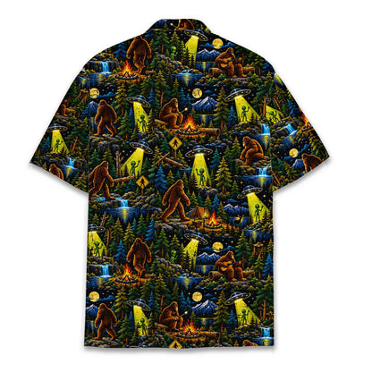Detail back view of the Bigfoot and Aliens Hawaiian shirt