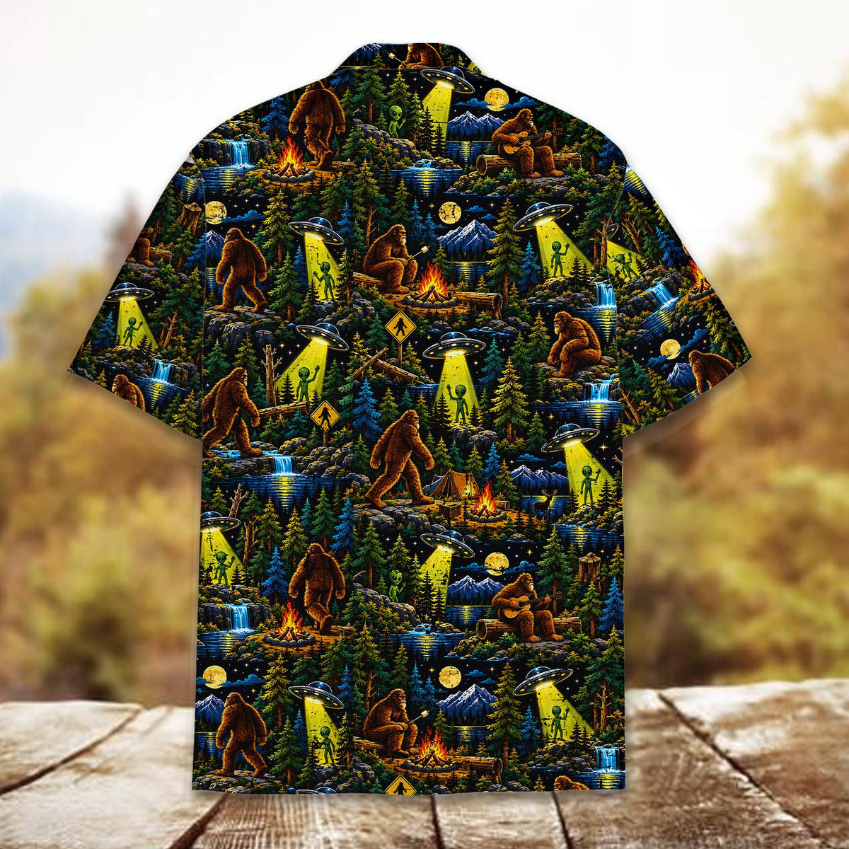 Close-up back view of the Bigfoot and Aliens matching family Hawaiian shirt