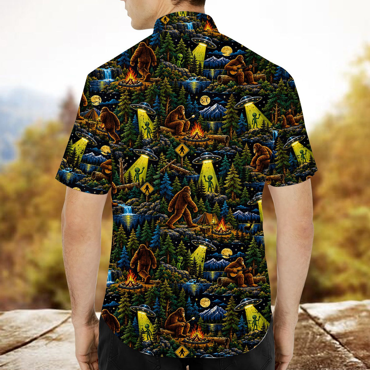 Back view of the Bigfoot and Aliens Hawaiian shirt showing the all-over print
