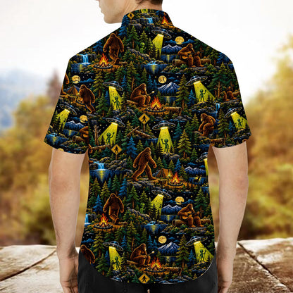 Back view of the Bigfoot and Aliens Hawaiian shirt showing the all-over print