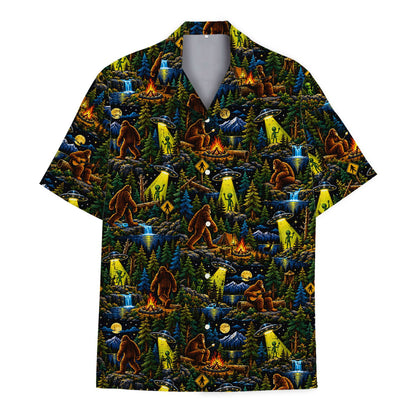 Main view of the Bigfoot and Aliens Hawaiian shirt featuring a nighttime forest scene