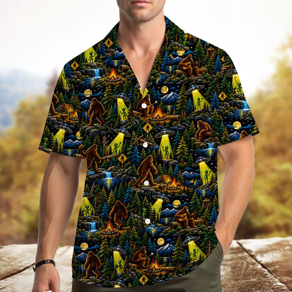 Second lifestyle image showing the Bigfoot and Aliens Hawaiian shirt being worn outdoors