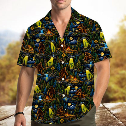 Second lifestyle image showing the Bigfoot and Aliens Hawaiian shirt being worn outdoors