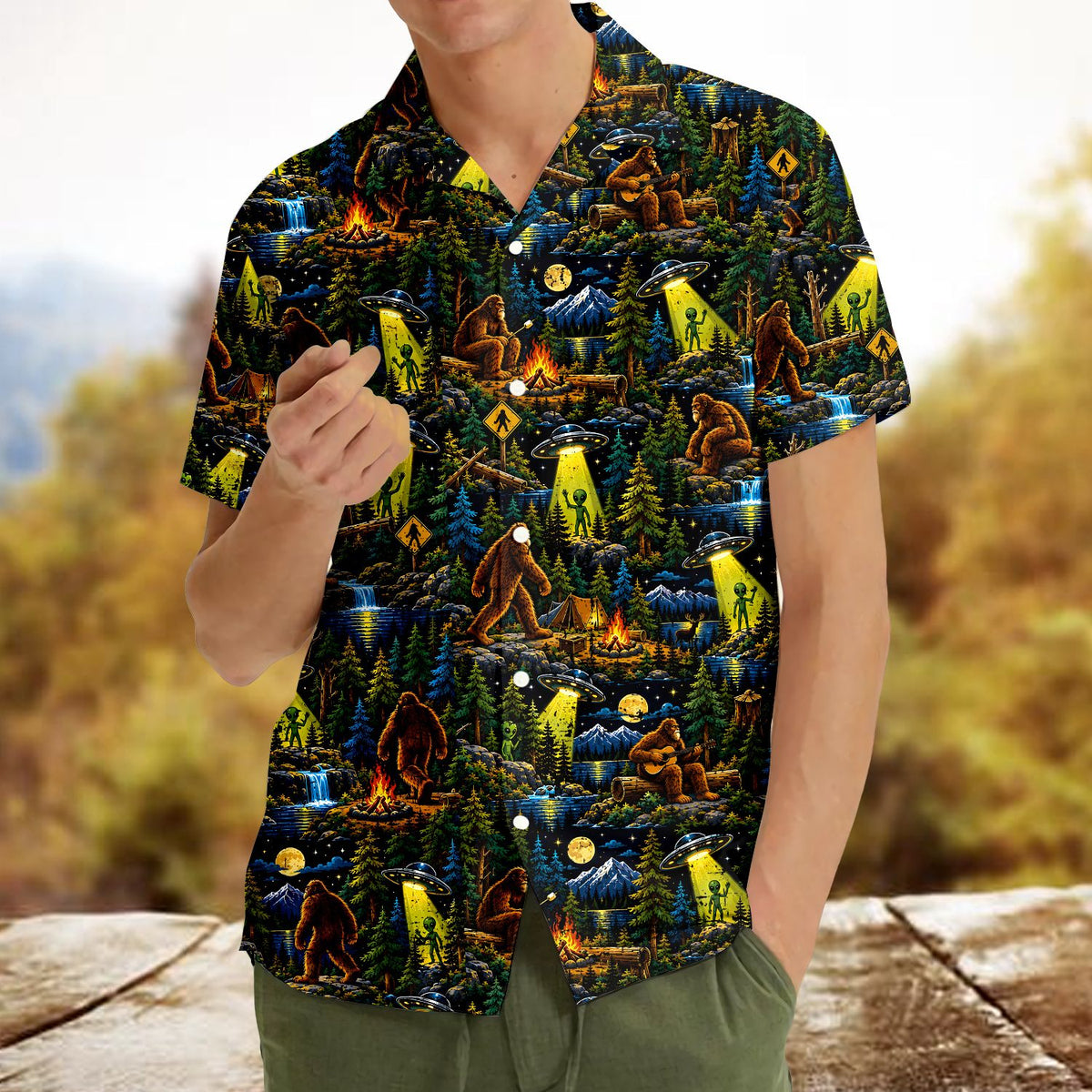 Third lifestyle image of the Bigfoot and Aliens matching family Hawaiian shirt
