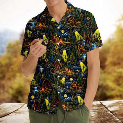 Third lifestyle image of the Bigfoot and Aliens matching family Hawaiian shirt