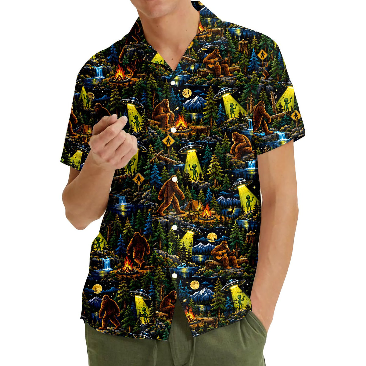 Lifestyle image of someone wearing the Bigfoot and Aliens Hawaiian shirt