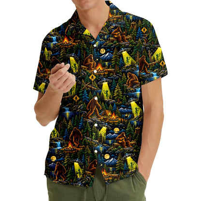 Lifestyle image of someone wearing the Bigfoot and Aliens Hawaiian shirt