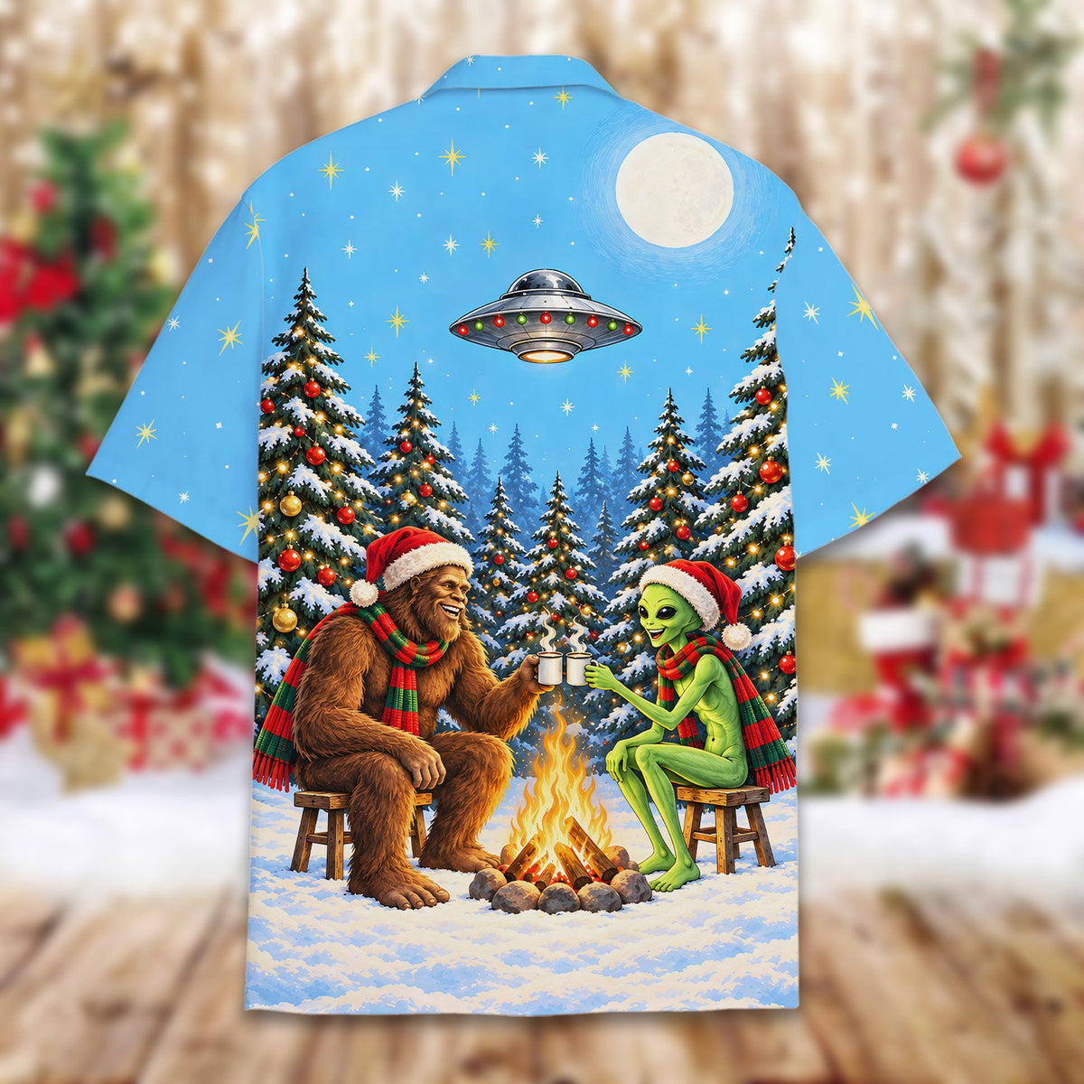 Back view of bigfoot and alien in snowy forest hawaiian shirt