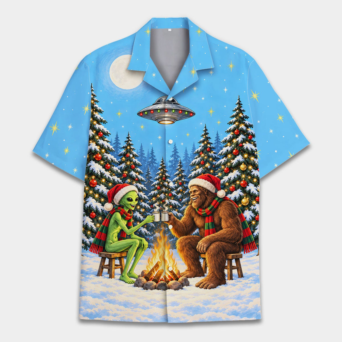 Close up front view of bigfoot and alien christmas hawaiian shirt